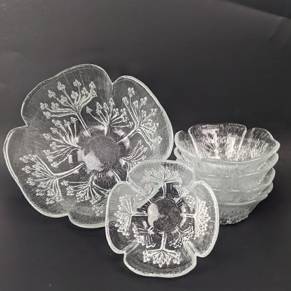 Dansk floriform Salad bowl set, Lasisepat Mantsala, Finnish glass bowl